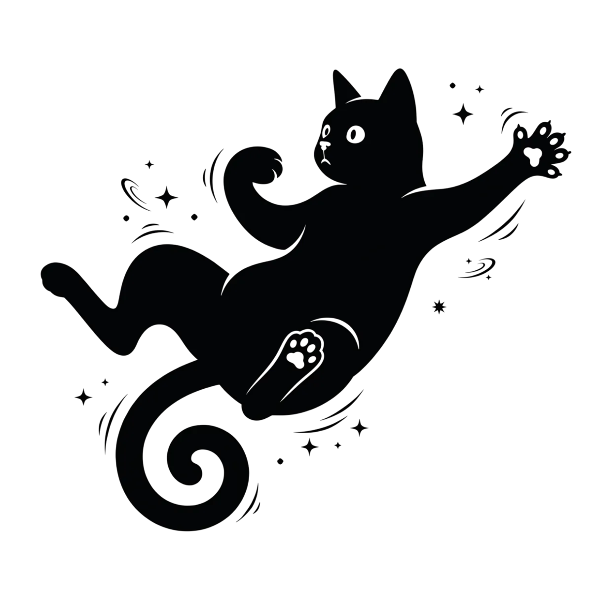 Minimal silhouette artwork of a flying cat under the stars